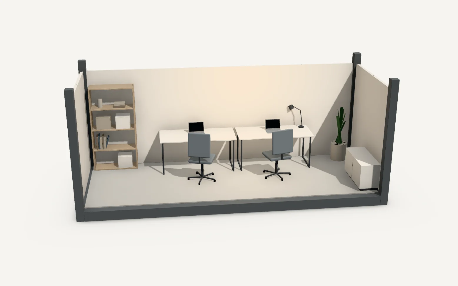 El módulo en 3D con el techo levantado y el interior preparado como oficina.