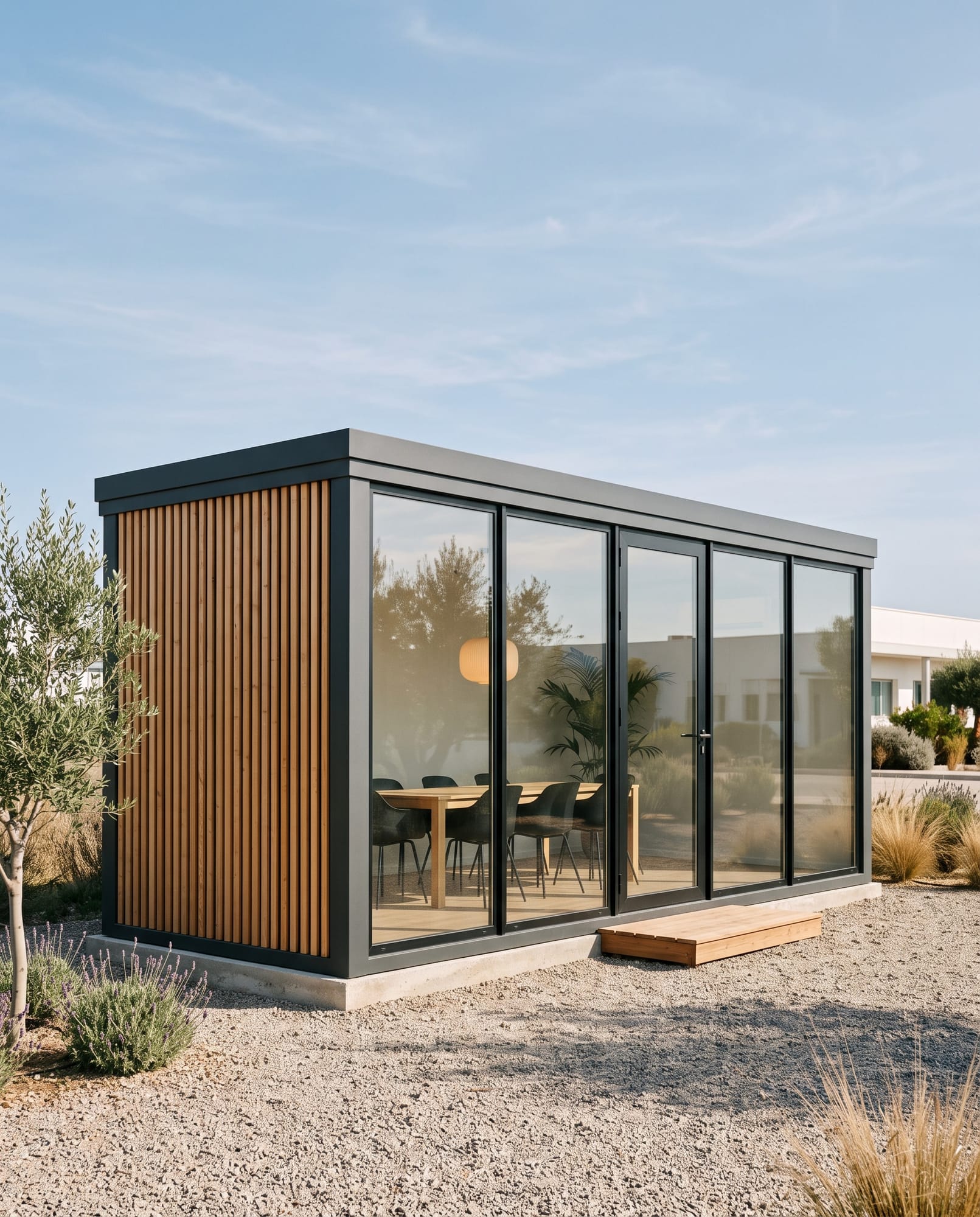 Módulo con revestimiento de madera y pared de cristal al aire libre, junto a un olivo.