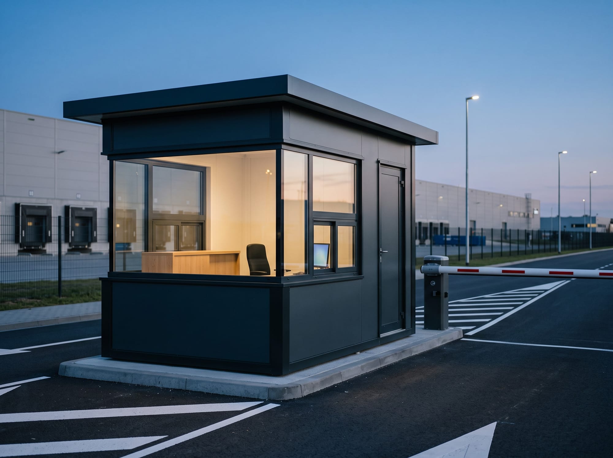 Caseta modular compacta con cristal a la entrada de un parque logístico, junto a una barrera.